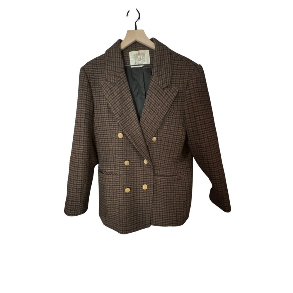 Vintage RZR Womens Double-Breasted Plaid Blazer Size 13/14 Wool Brown & Black Ma